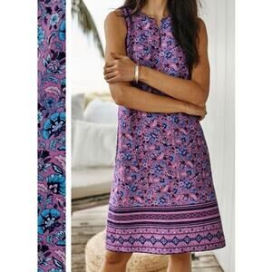 J.Jill $109 Small 100% Love Linen Purple Teal Floral Sleeveless Pintucked Dress